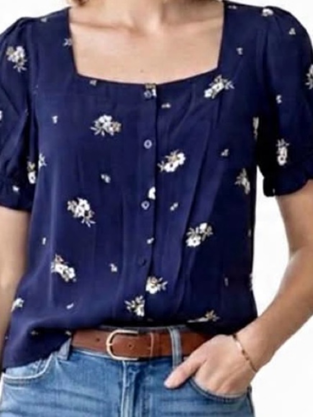 NWT Elodie by Anthropologie Navy Floral Square-Neck Button Front Women's Top S